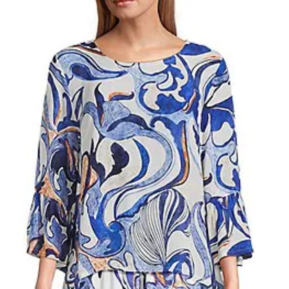 Bryn Walker Fran Printed Round Neck 3/4 Ruffle Bell Sleeve‎ Blouse Blue XXS